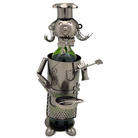 Lady Chef Frying Fish Fisherman Charcoal Metal Wine Bottle Holder NEW - Picture 1 of 7